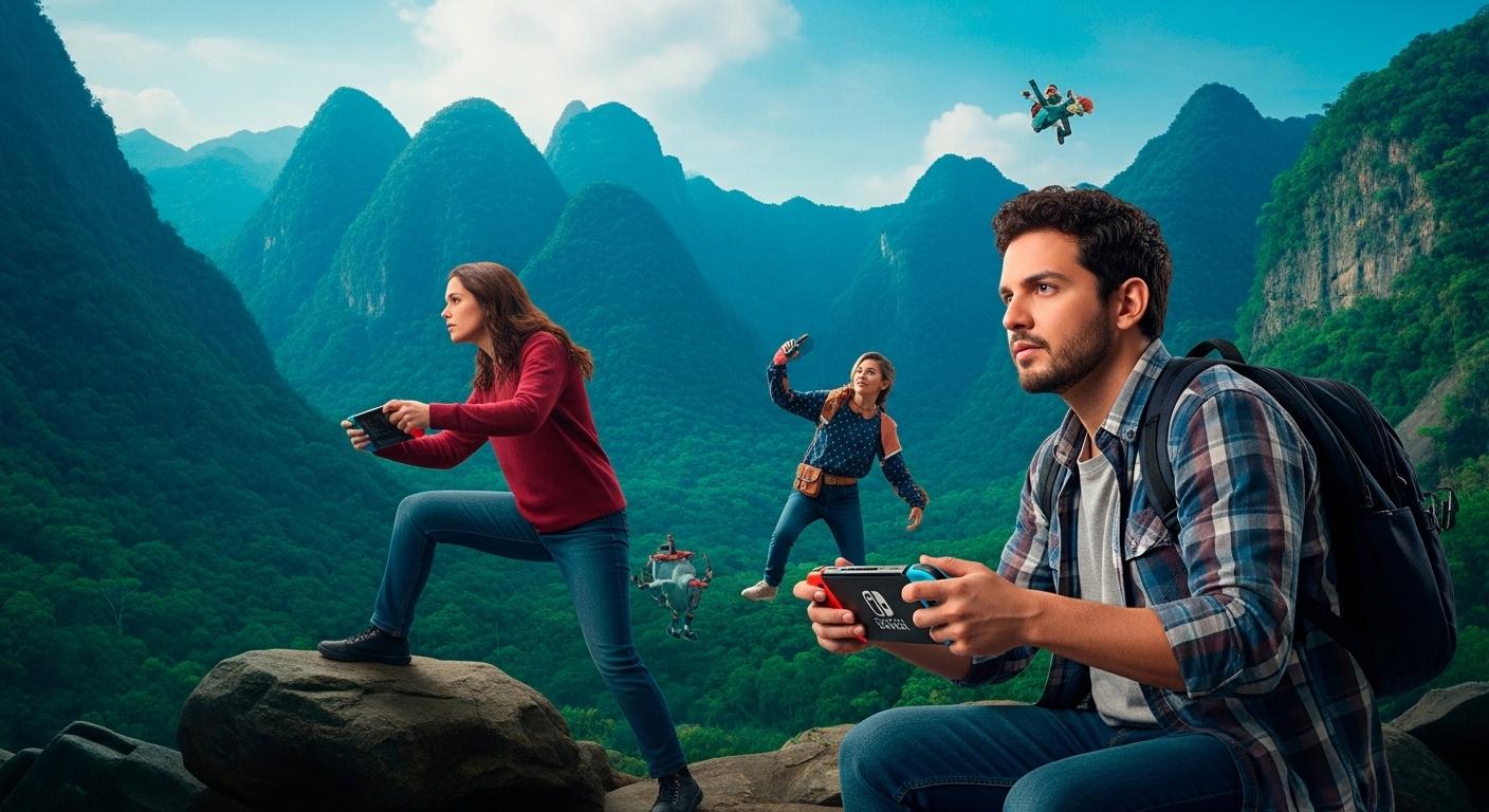 Brazilian gamer with Nintendo Switch in urban setting