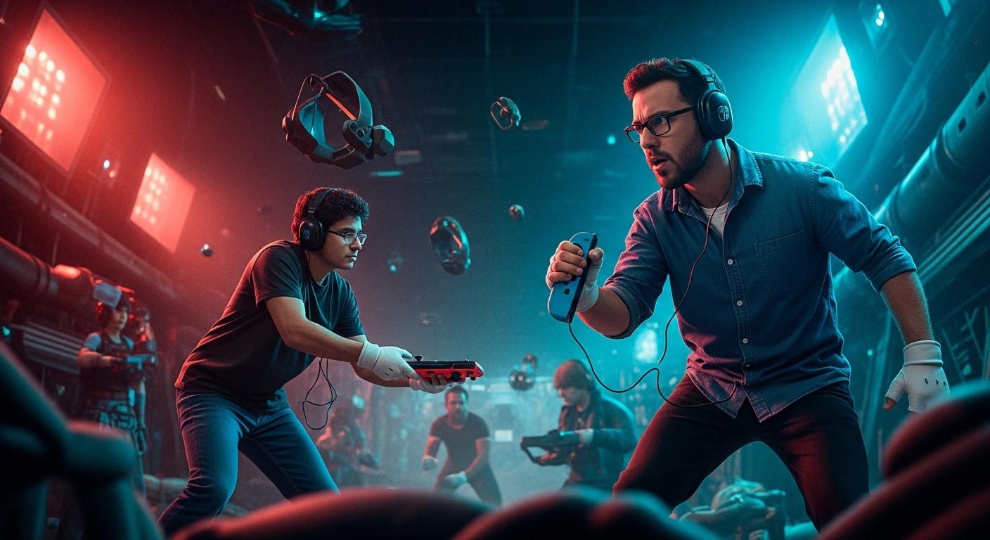 Nintendo Switch with Brazilian city sunset in the background