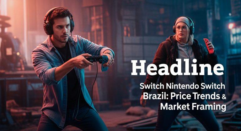 Brazilian shopper browsing a Nintendo Switch display with price tags and promotional banners.