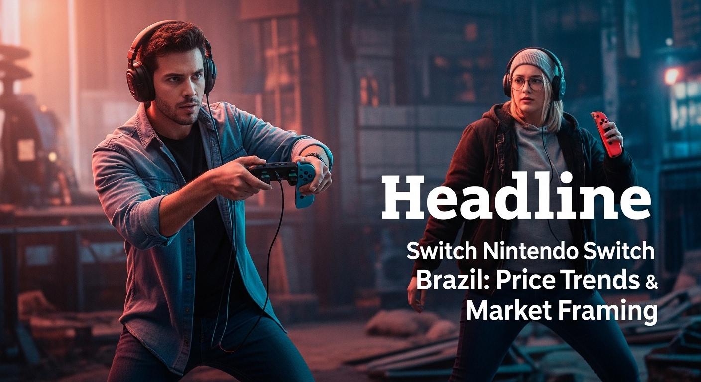 Brazilian shopper browsing a Nintendo Switch display with price tags and promotional banners.