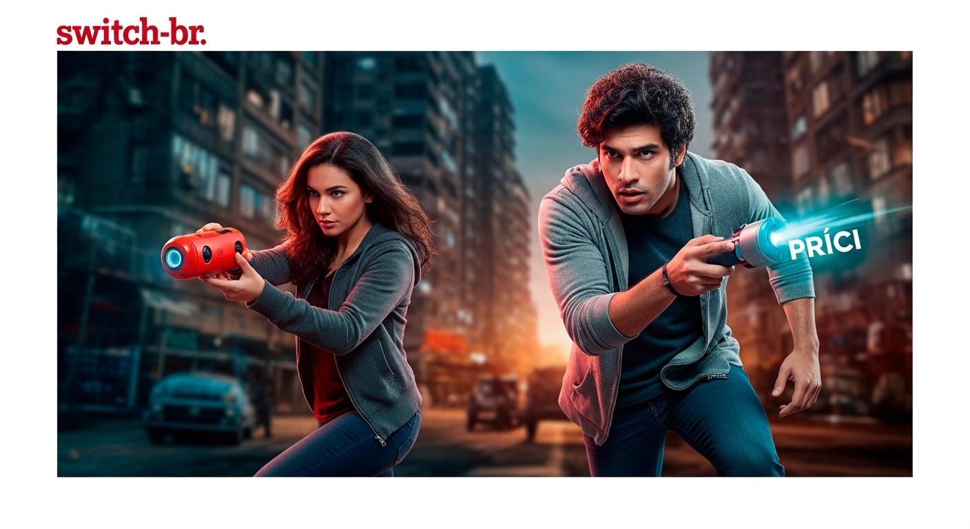 Brazilian Nintendo Switch gamer in a colorful living room with game shelves and promotions.