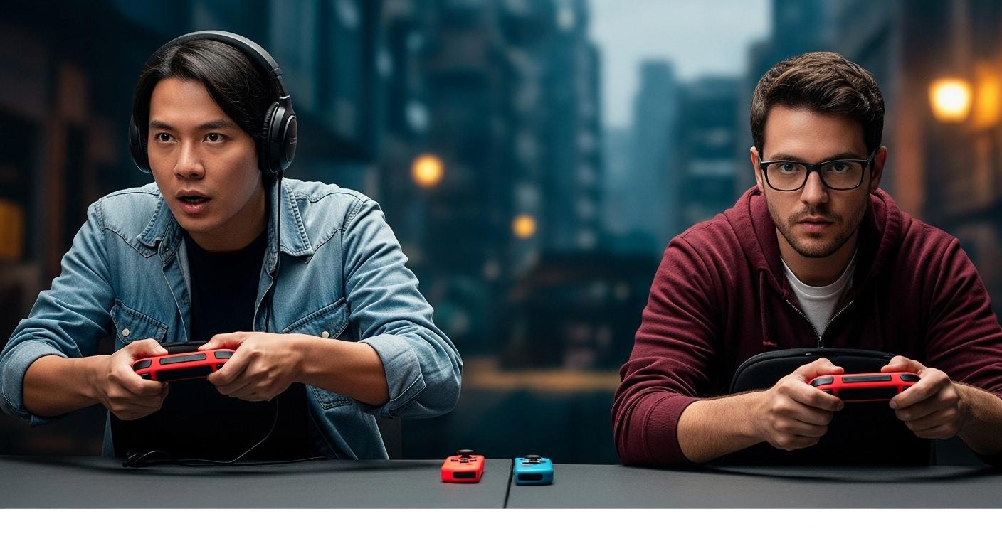 Brazilian shopper evaluating Nintendo Switch price with Pix payment option in a store