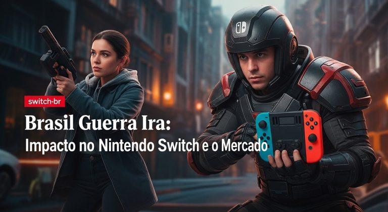 Gamer brasileiro segurando Nintendo Switch com gráficos econômicos ao fundo