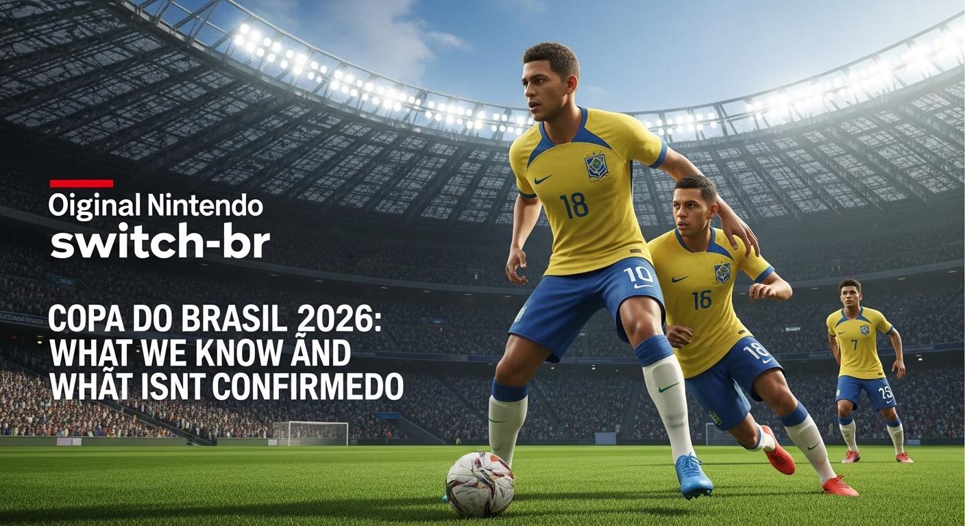 Nintendo Switch beside a Brazilian football stadium illustration for Copa do Brasil 2026