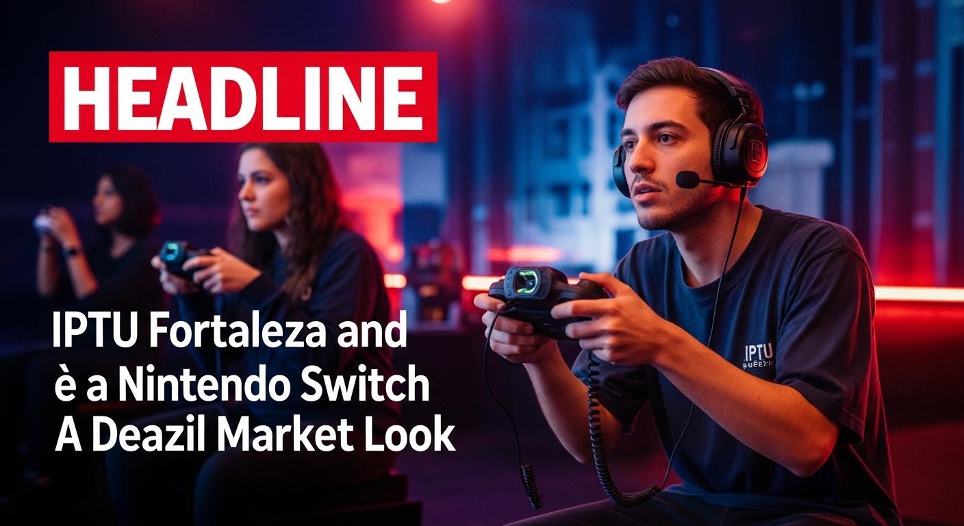 Nintendo Switch on a surface with tax documents and Fortaleza city backdrop, illustrating IPTU Fortaleza context.