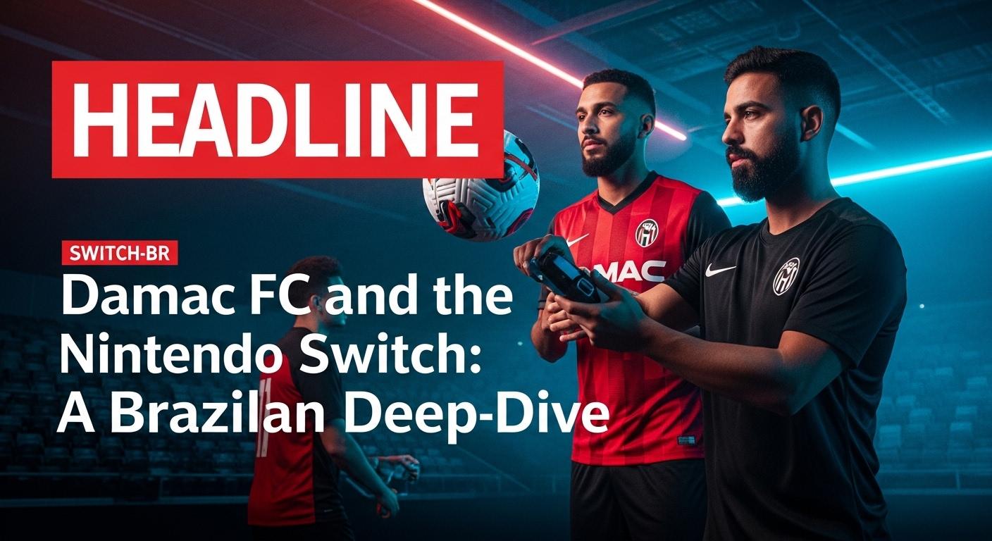 Concept image of a Nintendo Switch displaying a football game with Damac FC branding and a Brazilian gaming context.