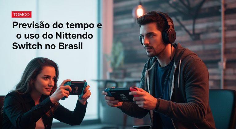 Pessoa jogando Nintendo Switch em ambiente interno com previsão do tempo visível ao fundo