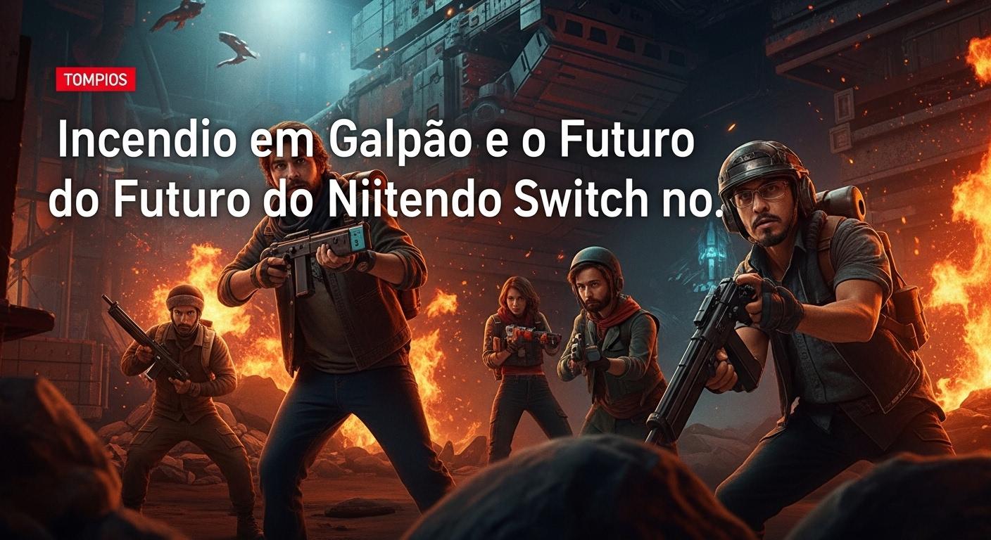 Nintendo Switch console and game cartridges in front of a distant warehouse fire in Brazil, with a subtle map overlay