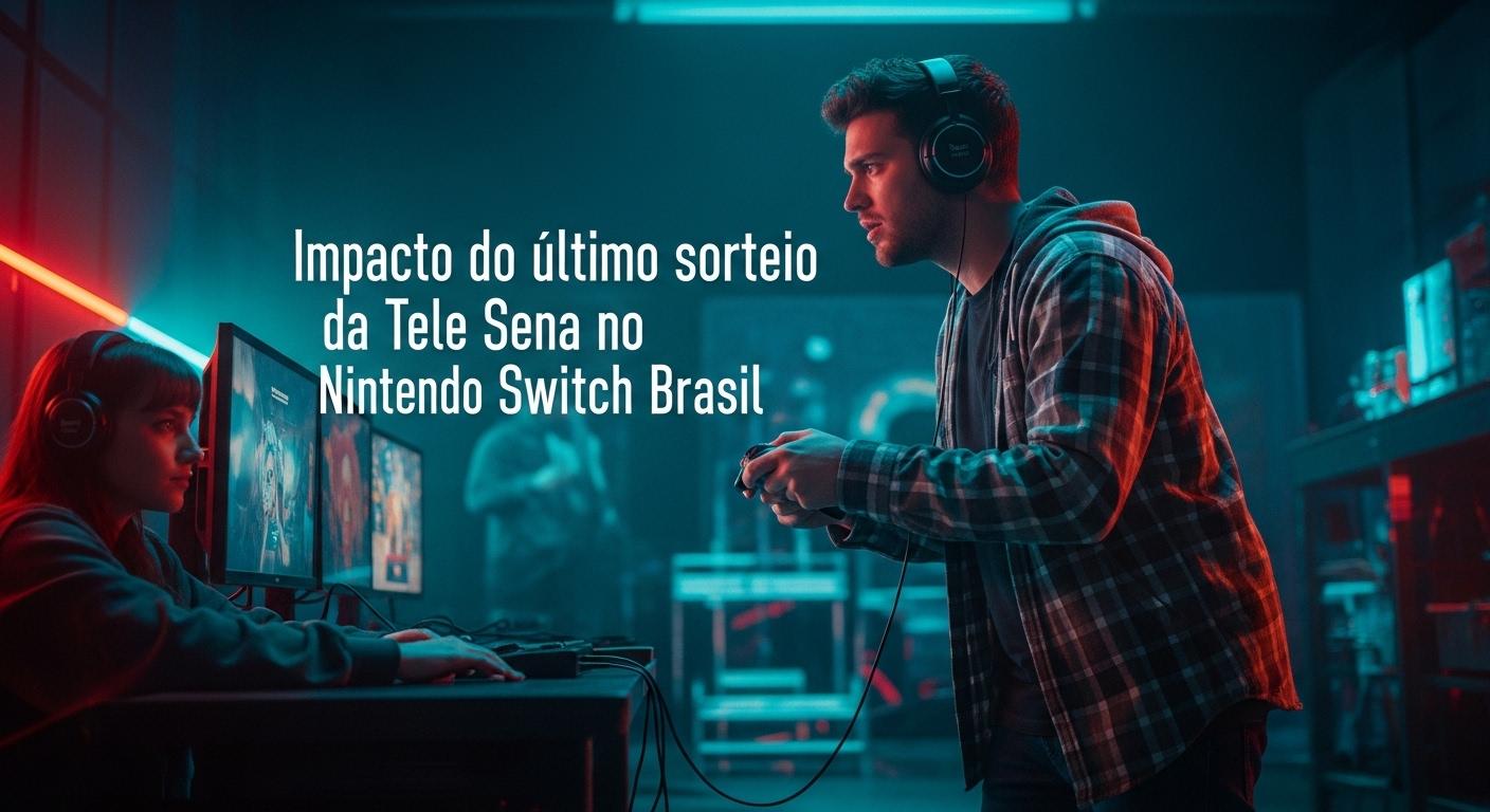 Nintendo Switch on a table with Tele Sena slip in a Brazilian living room, editorial style