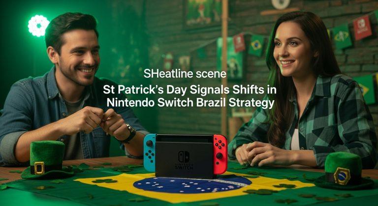 Nintendo Switch on a green-lit desk with shamrocks and Brazilian cultural cues for St Patrick's Day context