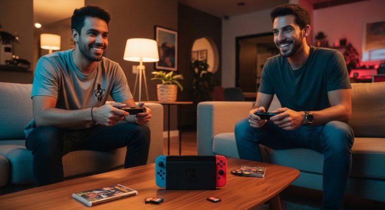 Brazilian gamers with Nintendo Switch in a living room