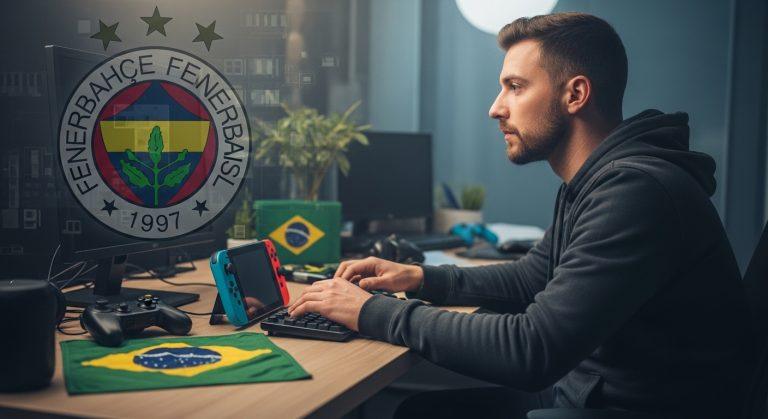 Editorial collage of Nintendo Switch and Fenerbahçe branding for Brazilian readers