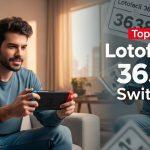 Brazilian gamer with Nintendo Switch and lottery-themed background representing Lotofacil 3638 context