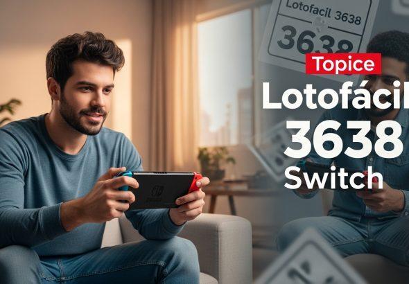 Brazilian gamer with Nintendo Switch and lottery-themed background representing Lotofacil 3638 context