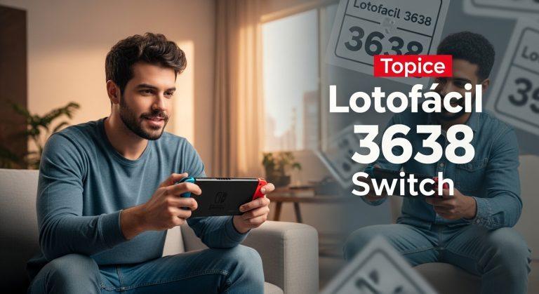 Brazilian gamer with Nintendo Switch and lottery-themed background representing Lotofacil 3638 context
